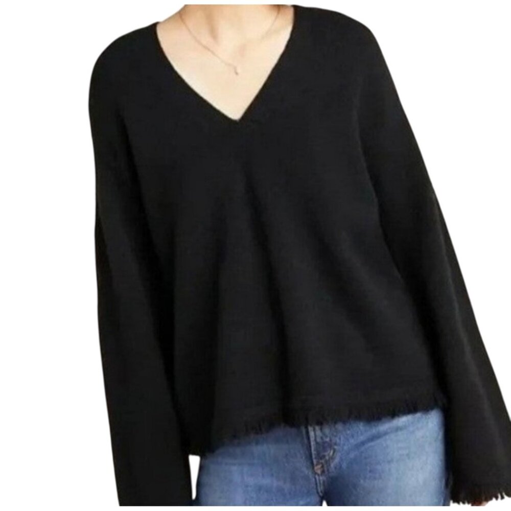 Anthropologie Joy Fringed V-Neck Sweater Black Size S